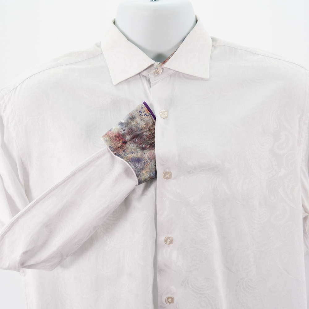 Visconti Black Mens White Jacquard Paisley Dress Shirt Flip Cuff Medium 10V23